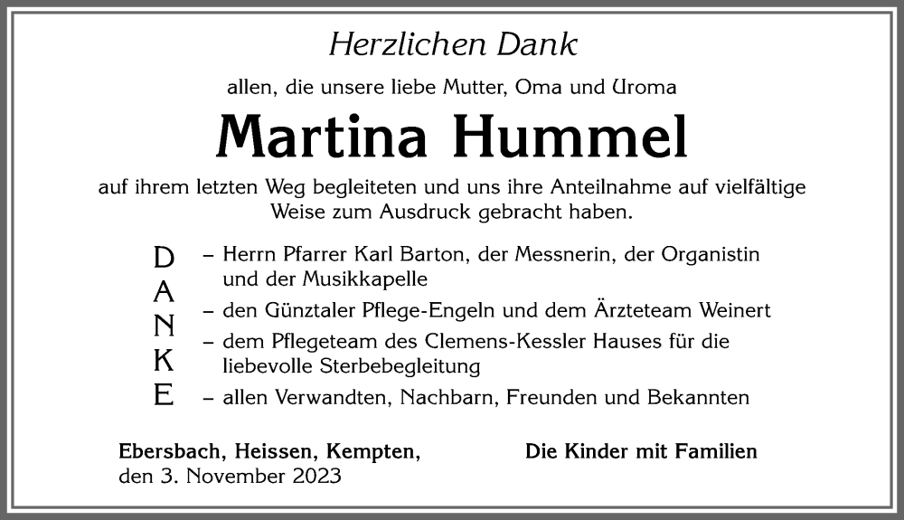  Traueranzeige für Martina Hummel vom 03.11.2023 aus Allgäuer Zeitung, Marktoberdorf