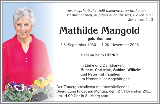 Traueranzeige von Mathilde Mangold von Allgäuer Zeitung,Kempten