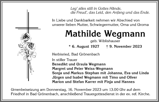 Traueranzeige von Mathilde Wegmann von Memminger Zeitung