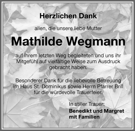 Traueranzeige von Mathilde Wegmann von Memminger Zeitung
