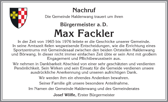 Traueranzeige von Max Fackler von Allgäuer Zeitung,Kempten