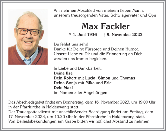 Traueranzeige von Max Fackler von Allgäuer Zeitung,Kempten
