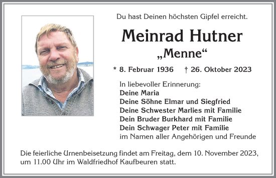 Traueranzeige von Meinrad Hutner von Allgäuer Zeitung, Kaufbeuren/Buchloe
