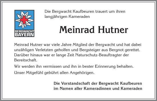 Traueranzeige von Meinrad Hutner von Allgäuer Zeitung, Kaufbeuren/Buchloe