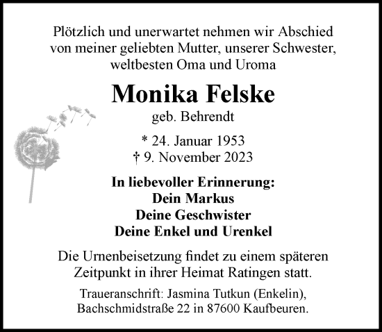 Traueranzeige von Monika Felske von Allgäuer Zeitung, Kaufbeuren/Buchloe