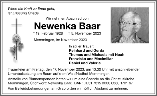 Traueranzeige von Newenka Baar von Memminger Zeitung