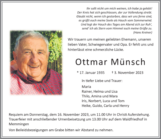 Traueranzeige von Ottmar Münsch von Memminger Zeitung