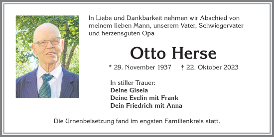 Traueranzeige von Otto Herse von Allgäuer Zeitung, Kaufbeuren/Buchloe