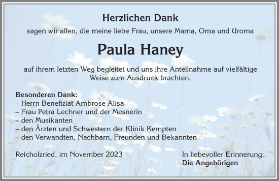 Traueranzeige von Paula Haney von Allgäuer Zeitung,Kempten
