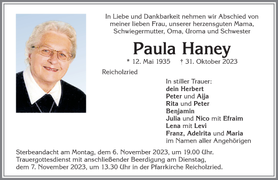 Traueranzeige von Paula Haney von Allgäuer Zeitung,Kempten