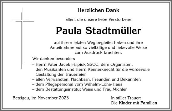 Traueranzeige von Paula Stadtmüller von Allgäuer Zeitung,Kempten