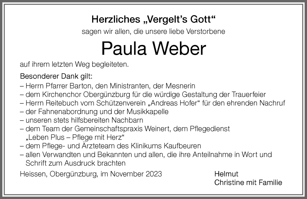  Traueranzeige für Paula Weber vom 11.11.2023 aus Allgäuer Zeitung, Marktoberdorf