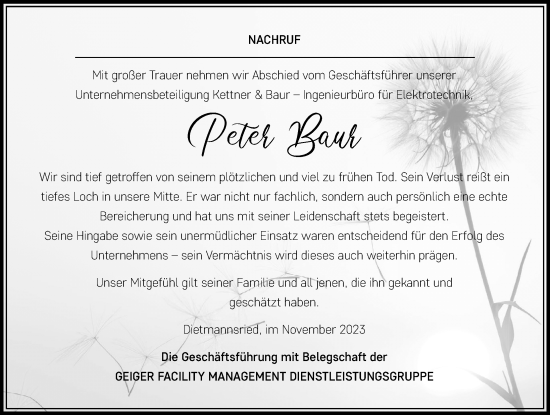 Traueranzeige von Peter Baur von Memminger Zeitung