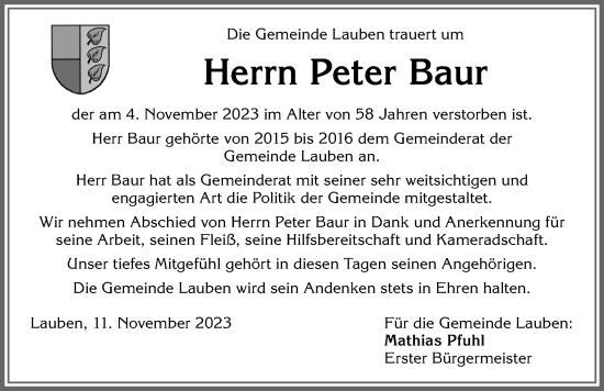 Traueranzeige von Peter Baur von Allgäuer Zeitung,Kempten