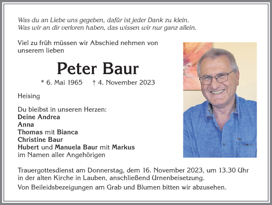Traueranzeige von Peter Baur von Allgäuer Zeitung,Kempten