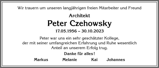 Traueranzeige von Peter Czehowsky von Allgäuer Zeitung, Marktoberdorf