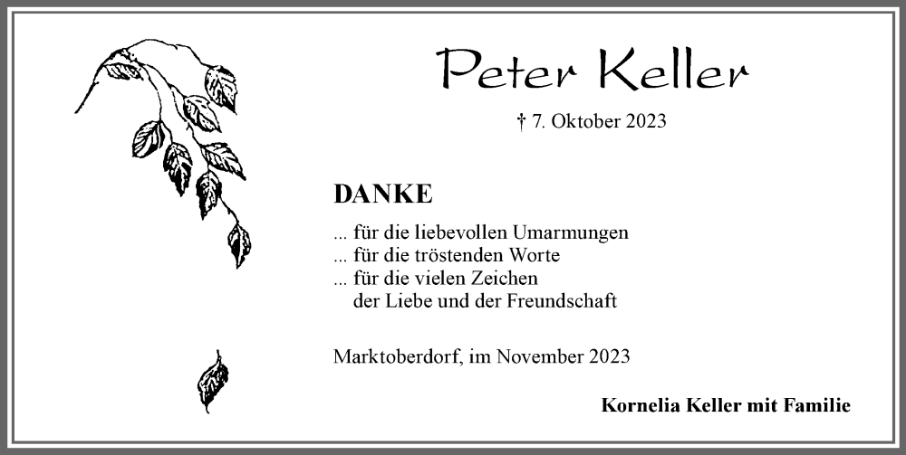  Traueranzeige für Peter Keller vom 11.11.2023 aus Allgäuer Zeitung, Marktoberdorf