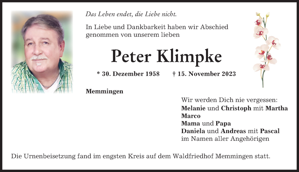  Traueranzeige für Peter Klimpke vom 21.11.2023 aus Memminger Zeitung