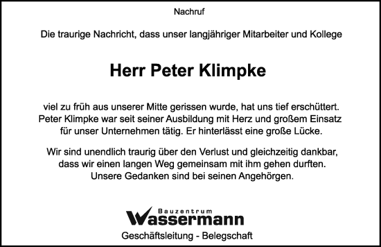 Traueranzeige von Peter Klimpke von Memminger Zeitung