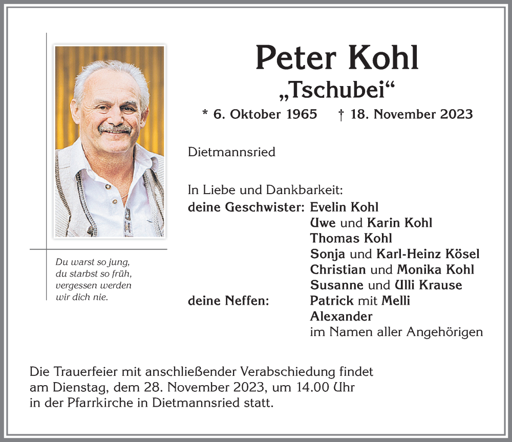  Traueranzeige für Peter Kohl vom 25.11.2023 aus Allgäuer Zeitung,Kempten