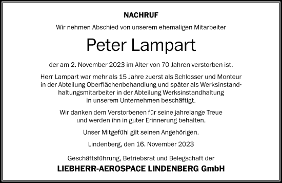 Traueranzeige von Peter Lampart von Der Westallgäuer