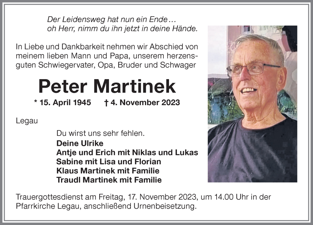  Traueranzeige für Peter Martinek vom 09.11.2023 aus Memminger Zeitung