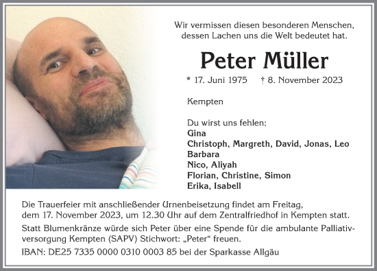 Traueranzeige von Peter Müller von Allgäuer Zeitung,Kempten