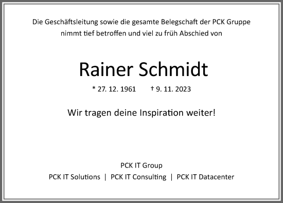 Traueranzeige von Rainer Schmidt von Allgäuer Zeitung,Kempten