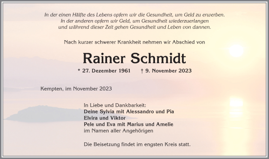 Traueranzeige von Rainer Schmidt von Allgäuer Zeitung,Kempten