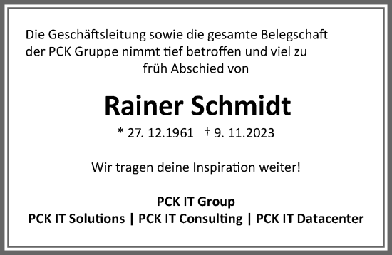 Traueranzeige von Rainer Schmidt von Allgäuer Zeitung,Kempten