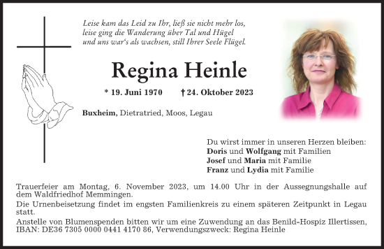 Traueranzeige von Regina Heinle von Memminger Zeitung