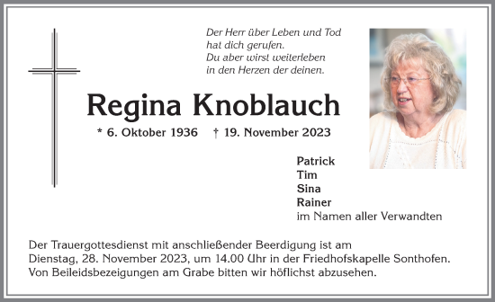 Traueranzeige von Regina Knoblauch von Allgäuer Anzeigeblatt