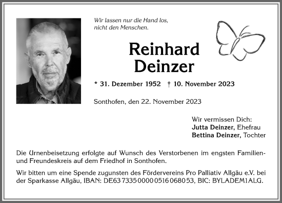 Traueranzeige von Reinhard Deinzer von Allgäuer Anzeigeblatt