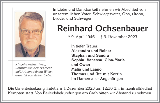Traueranzeige von Reinhard Ochsenbauer von Allgäuer Zeitung,Kempten