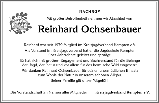 Traueranzeige von Reinhard Ochsenbauer von Allgäuer Zeitung,Kempten