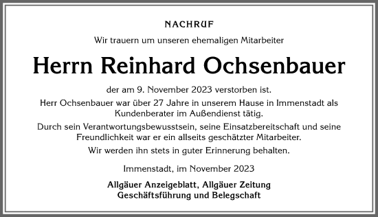 Traueranzeige von Reinhard Ochsenbauer von Allgäuer Zeitung,Kempten