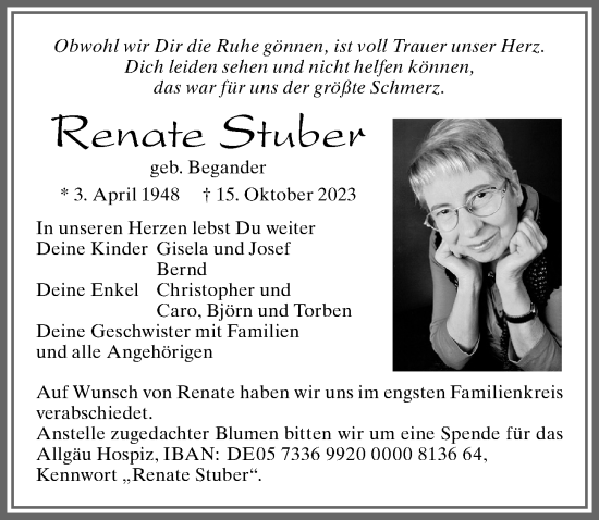 Traueranzeige von Renate Stuber von Allgäuer Zeitung, Kaufbeuren/Buchloe