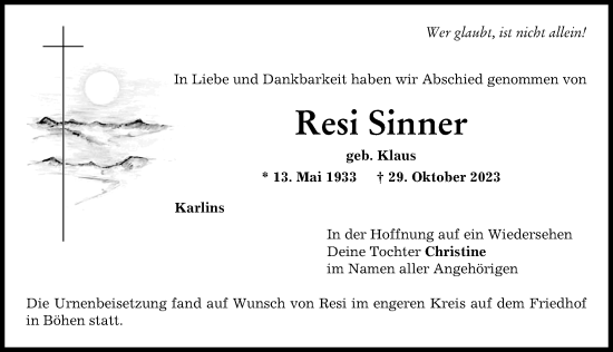 Traueranzeige von Resi Sinner von Memminger Zeitung