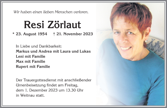 Traueranzeige von Resi Zörlaut von Allgäuer Zeitung,Kempten