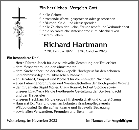 Traueranzeige von Richard Hartmann von Allgäuer Zeitung,Kempten