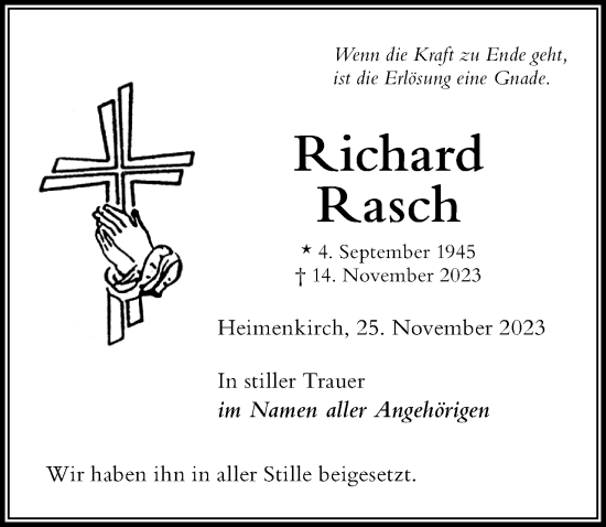 Traueranzeige von Richard Rasch von Der Westallgäuer