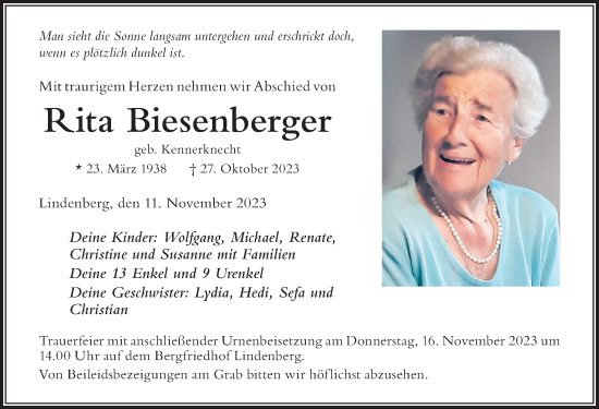 Traueranzeige von Rita Biesenberger von Der Westallgäuer