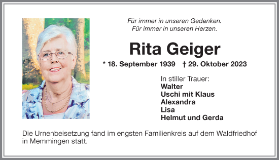Traueranzeige von Rita Geiger von Memminger Zeitung