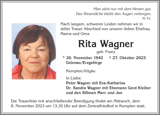 Traueranzeige von Rita Wagner von Allgäuer Zeitung,Kempten