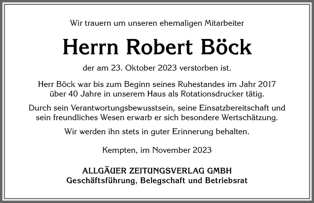  Traueranzeige für Robert Böck vom 04.11.2023 aus Allgäuer Zeitung,Kempten
