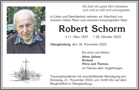 Traueranzeige von Robert Schorm von Allgäuer Zeitung, Marktoberdorf