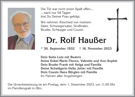 Traueranzeige von Rolf Haußer von Allgäuer Anzeigeblatt