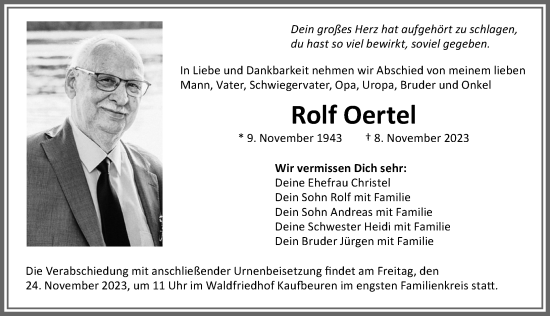 Traueranzeige von Rolf Oertel von Allgäuer Zeitung, Kaufbeuren/Buchloe