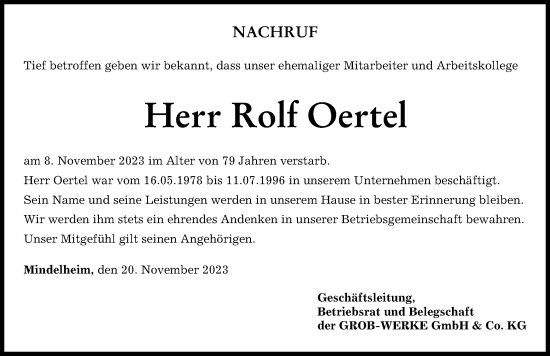 Traueranzeige von Rolf Oertel von Augsburger Allgemeine, Mindelheimer Zeitung