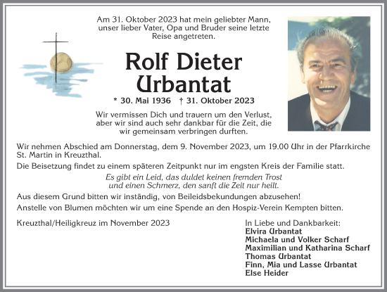 Traueranzeige von Rolf Dieter Urbantat von Allgäuer Zeitung,Kempten
